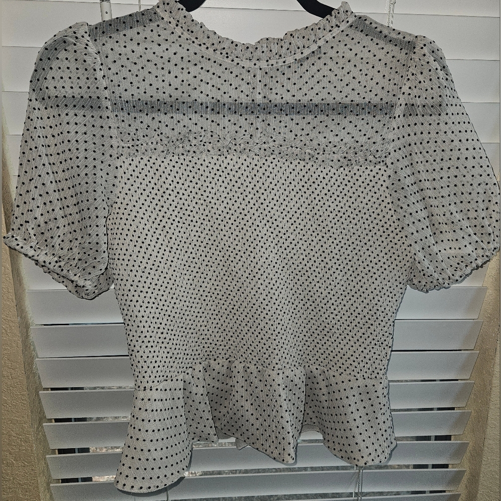 Express Black and White Sheer polka dot peplum Blouse sz M